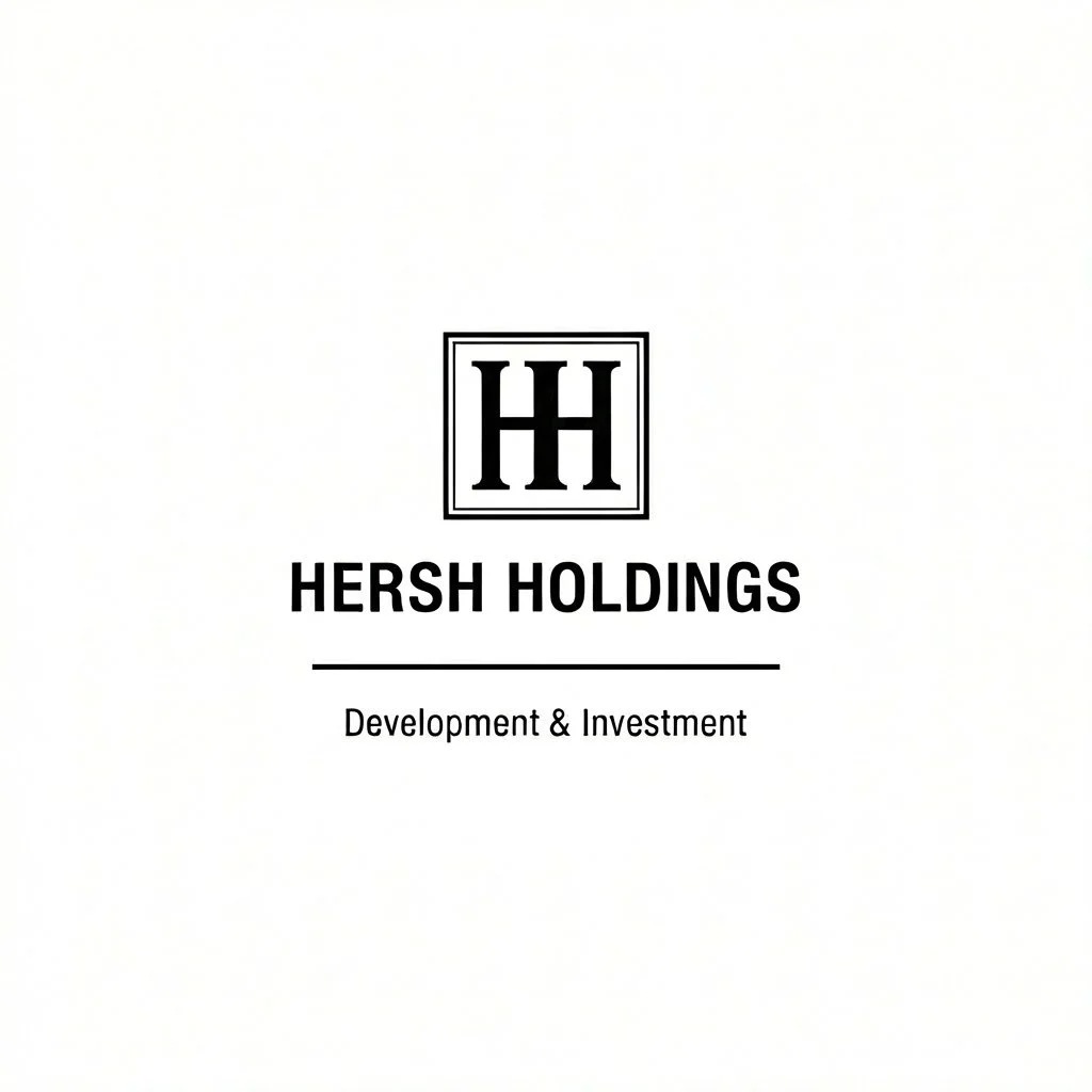 Logo for Hersh Holdings with a black square containing two black 'H' letters, and the text "HERSH HOLDINGS" below, followed by "Development & Investment" underneath.