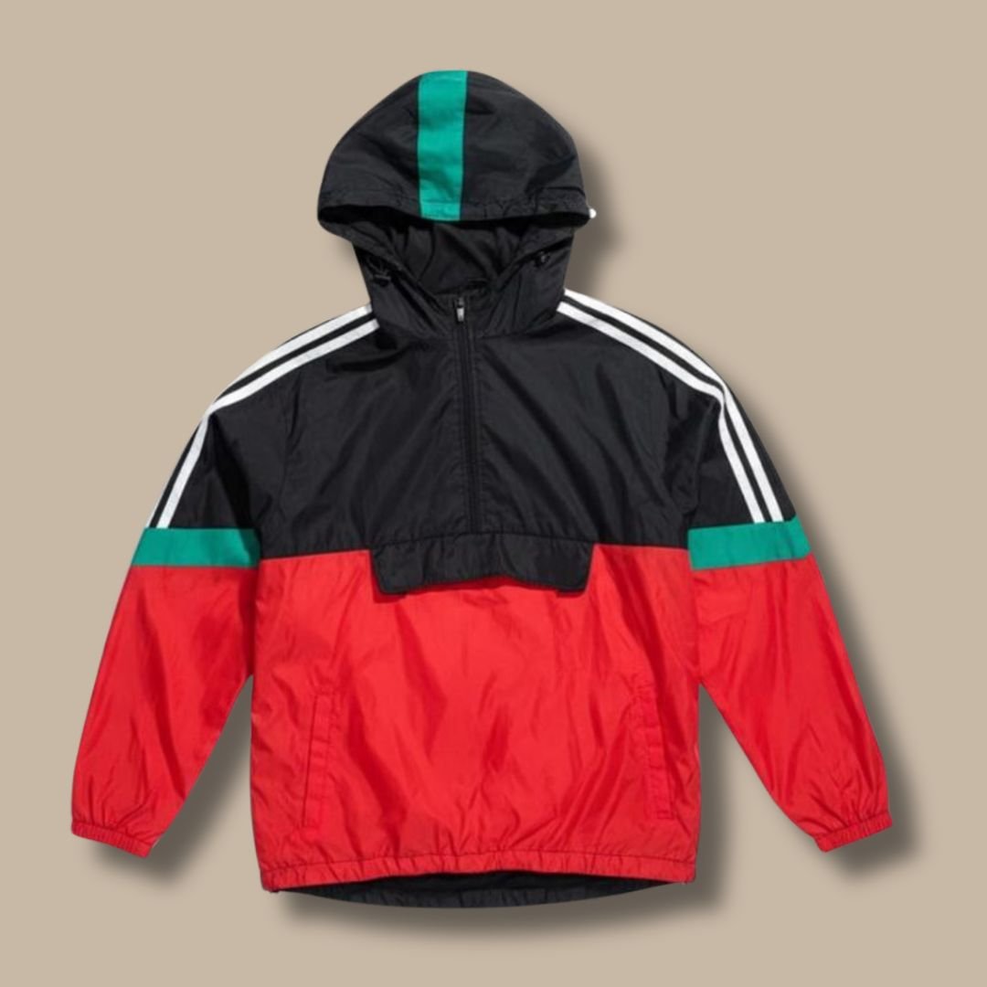 Vintage Colorblock Windbreaker Jacket – Red Black Green Hooded Pullover – Size M