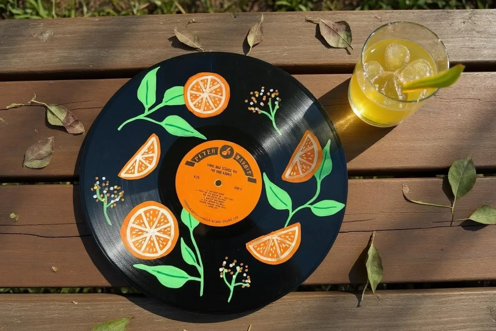 Hand-Painted Citrus Vinyl Record Art – Upcycled Botanical Decor