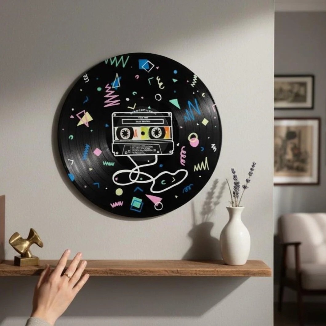 Hand-Painted Vinyl Record Art – Retro Cassette Tape Design