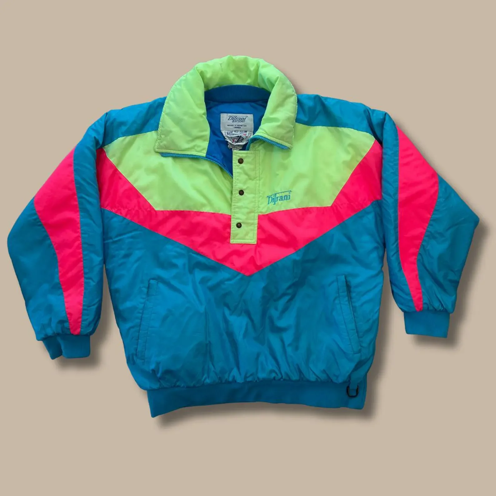 Vintage Difrani Neon Ski Jacket | 80s Colorblock Pullover, Made in Canada