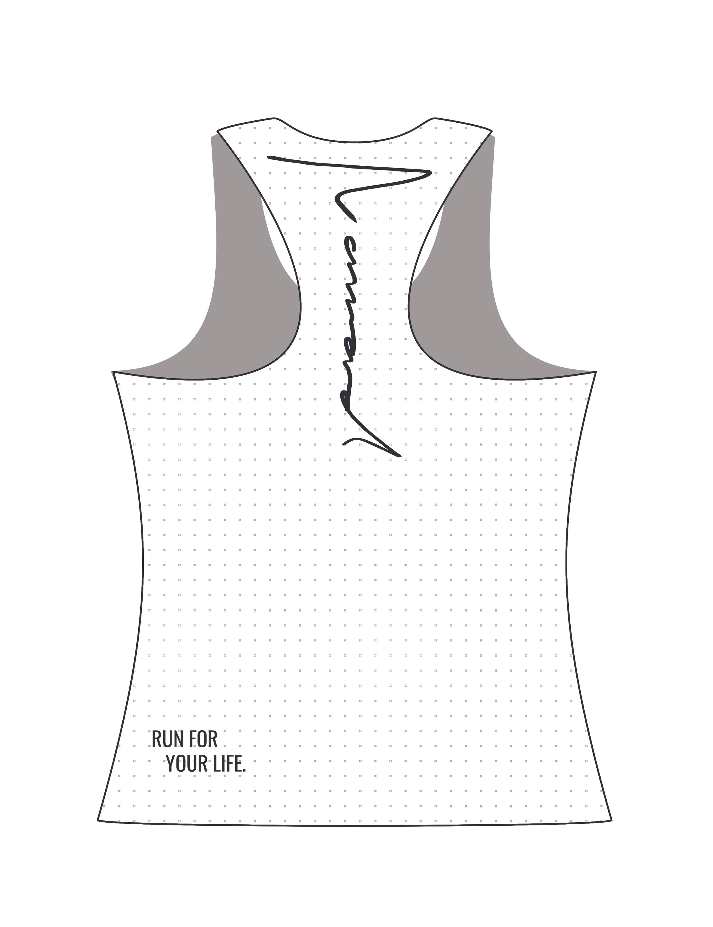 Women's Nomad Race Singlet technical drawing, featuring back of racerback silhouette, laser cut perforations, and optional placement of Prime Run Club logos.