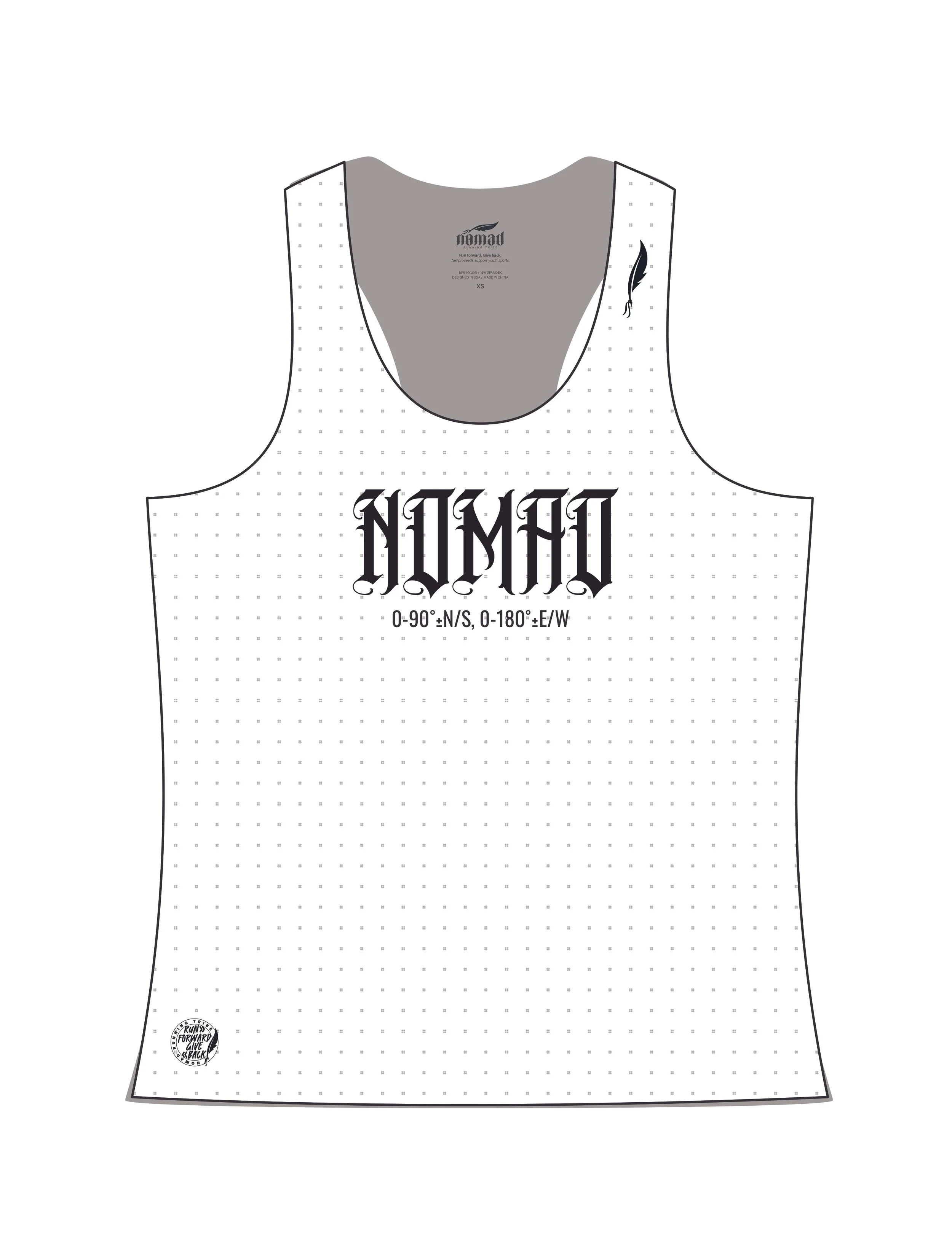 Women's Nomad Race Singlet technical drawing, featuring front of racerback silhouette, laser cut perforations, and placement of optional Nomad Running Tribe logo on front chest.