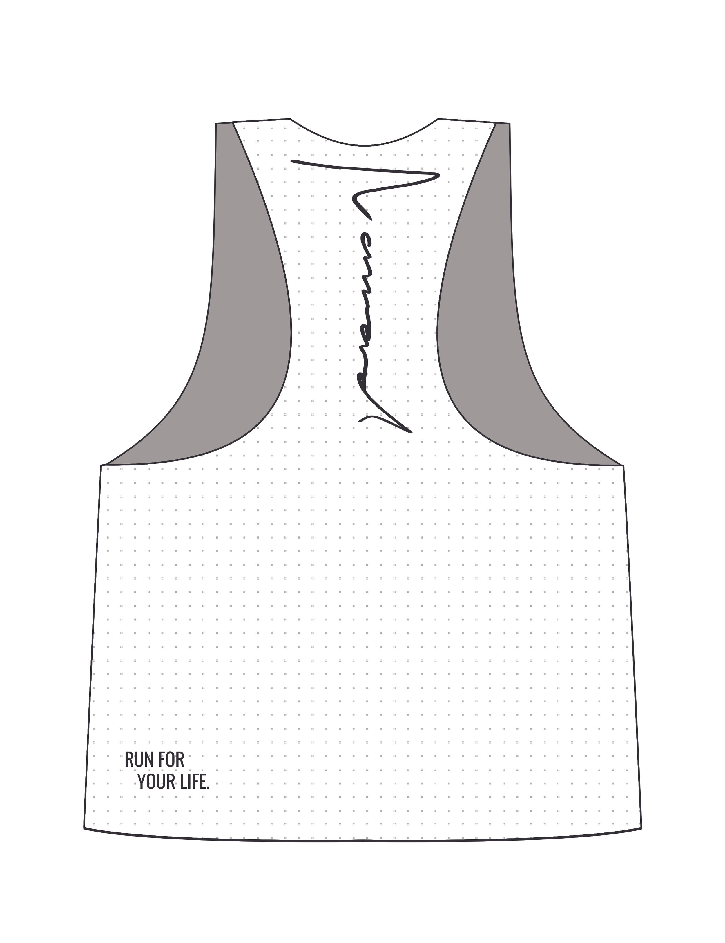 Men's Nomad Race Singlet technical drawing, featuring back of racerback silhouette, laser cut perforations, and optional placement of Prime Run Club logos.