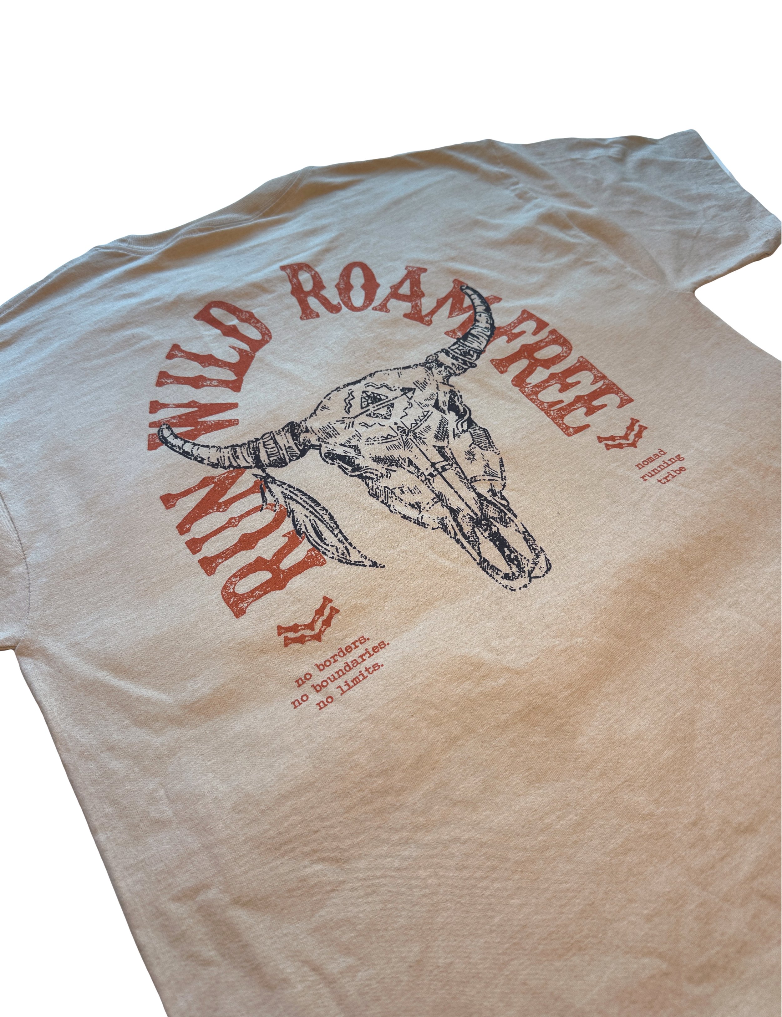 Run Wild Roam Free tan Unisex T - back artwork detail - Nomad Running Tribe