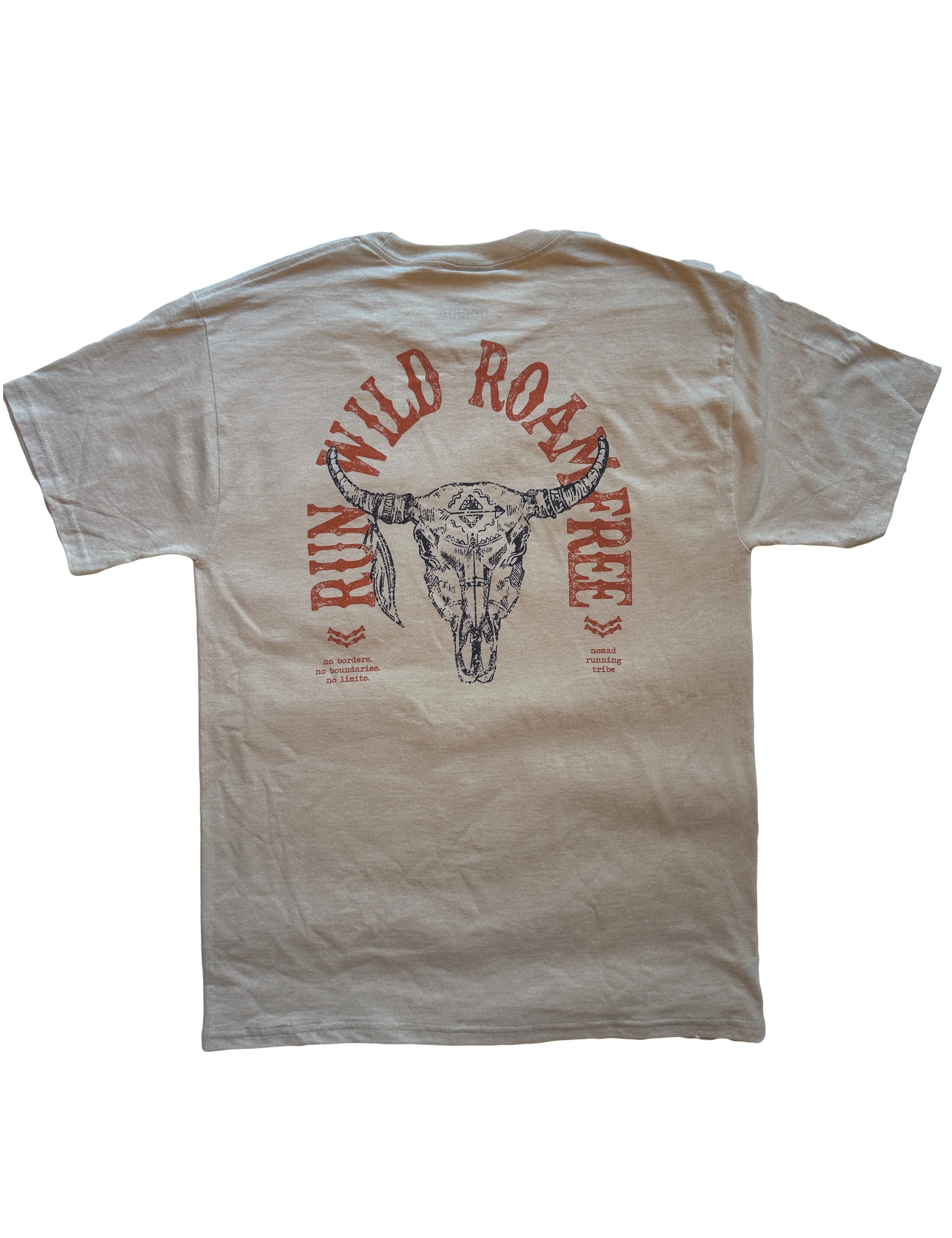 Run Wild Roam Free tan Unisex T - back flat lay - Nomad Running Tribe