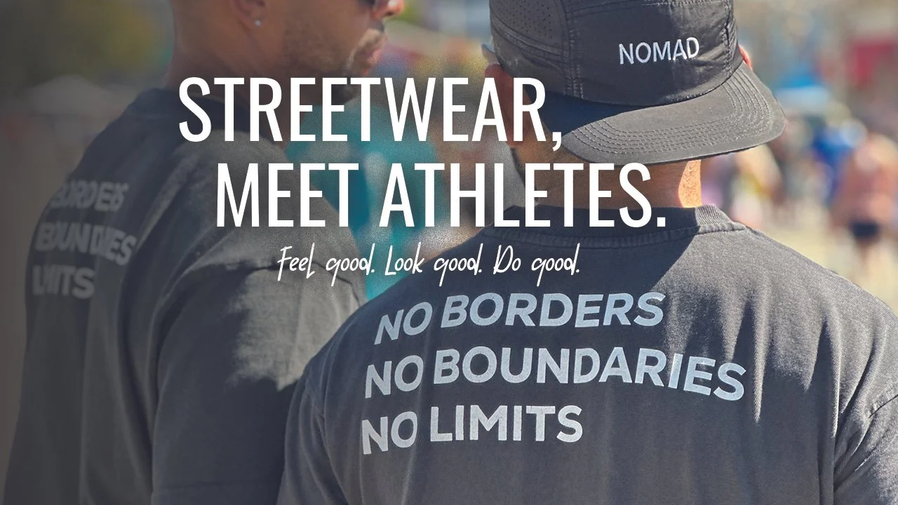 Two people wearing gray streetwear with slogans, standing outdoors at what appears to be a running event or gathering. Overlaid text promotes meeting athletes and embracing a no borders, no boundaries, no limits mindset.