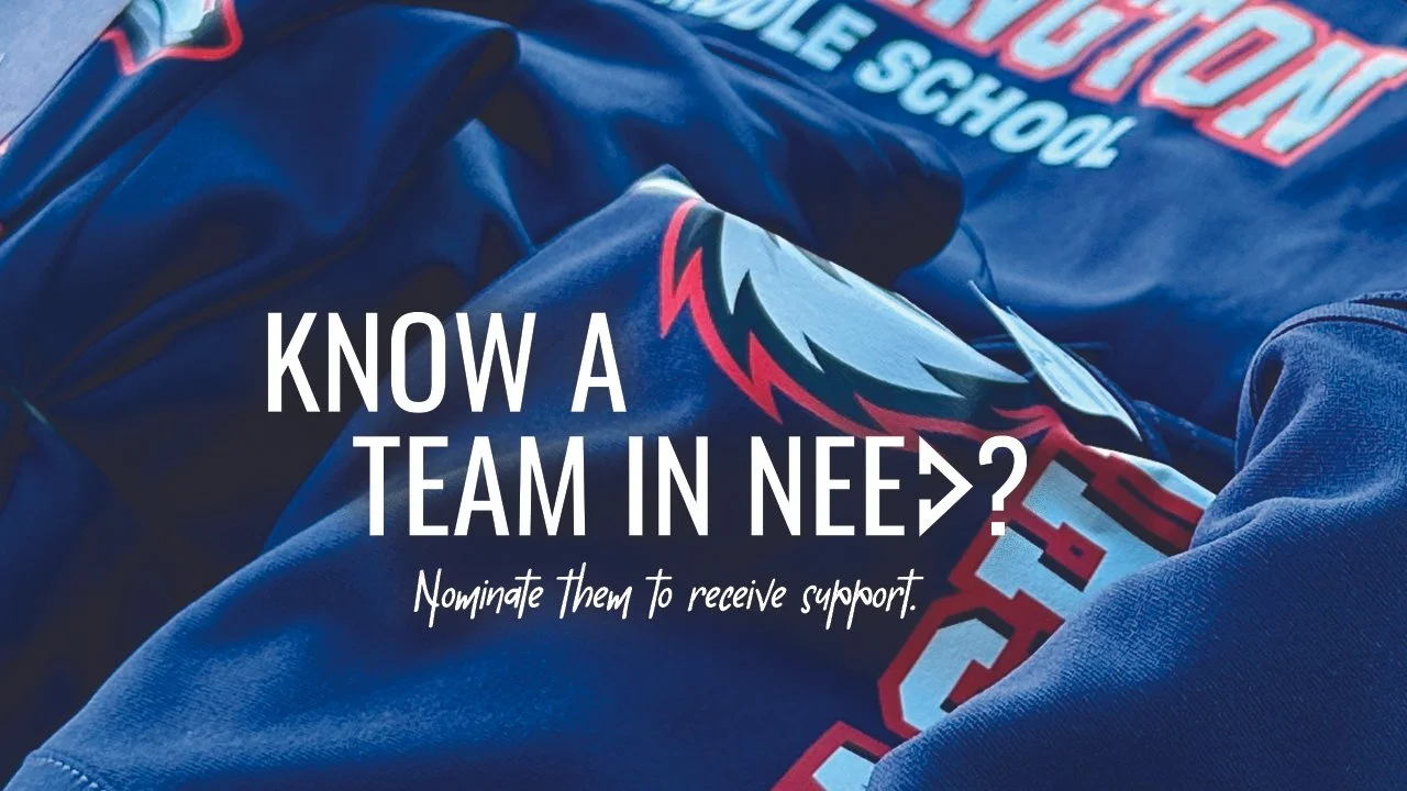 Close-up of a dark blue sports jersey with a red, white, and blue eagle emblem, and white text reading 'KNOW A TEAM IN NEED? Nominate them to receive support.'