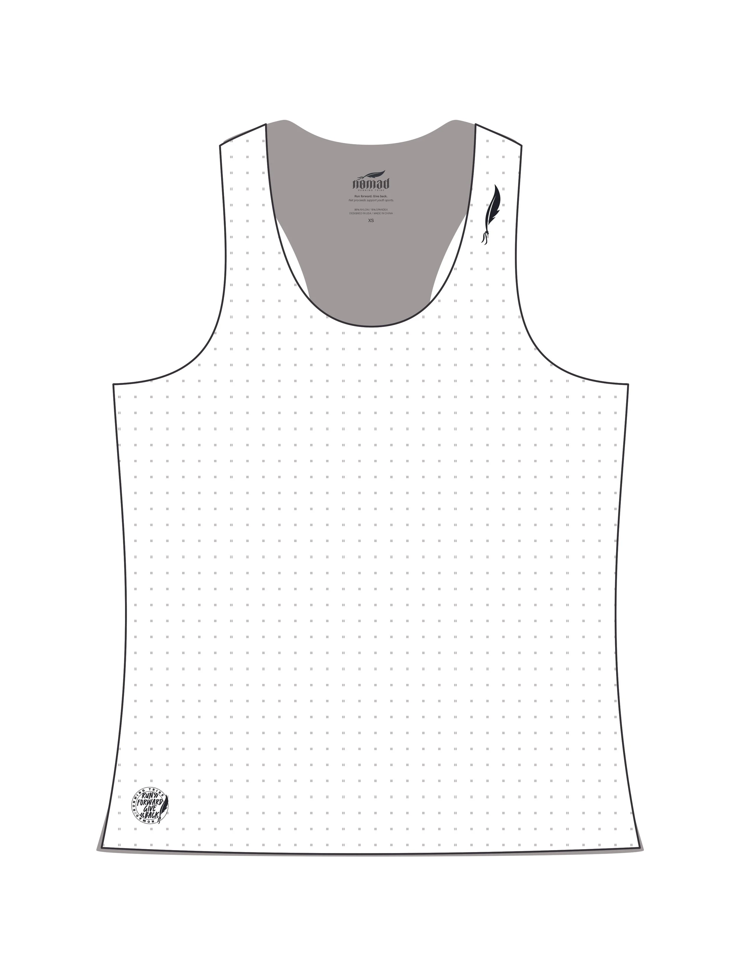 Women's Nomad Race Singlet technical drawing, featuring front of racerback silhouette, laser cut perforations, blank option.