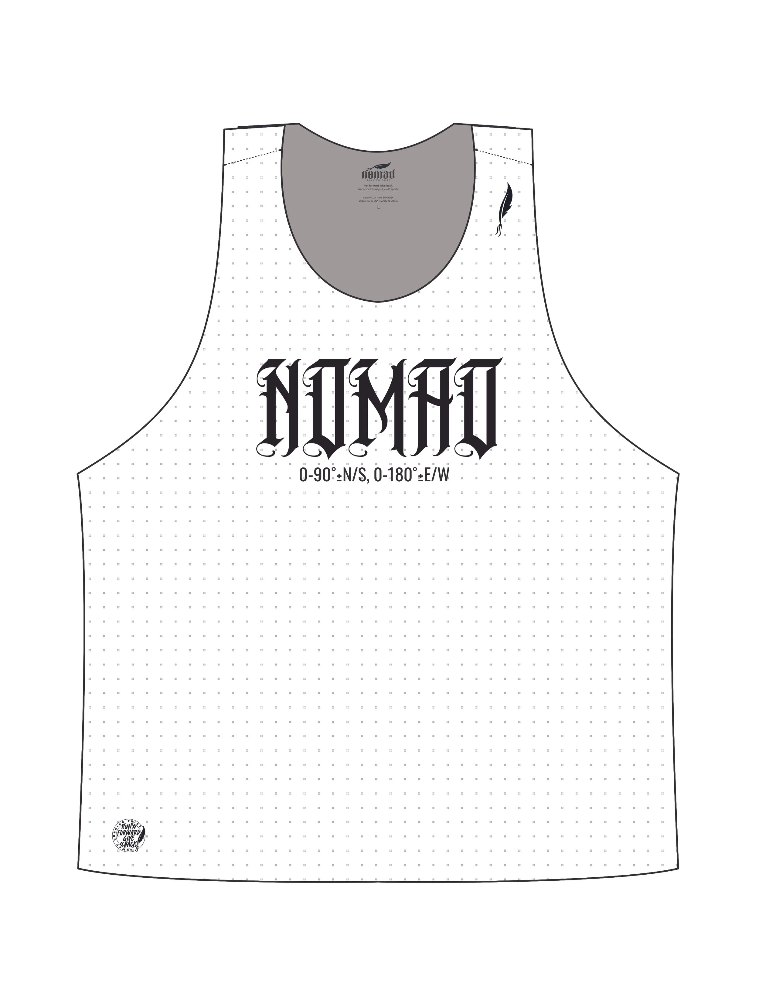 Men's Nomad Race Singlet technical drawing, featuring front of racerback silhouette, laser cut perforations, and placement of optional Nomad Running Tribe logo on front chest.