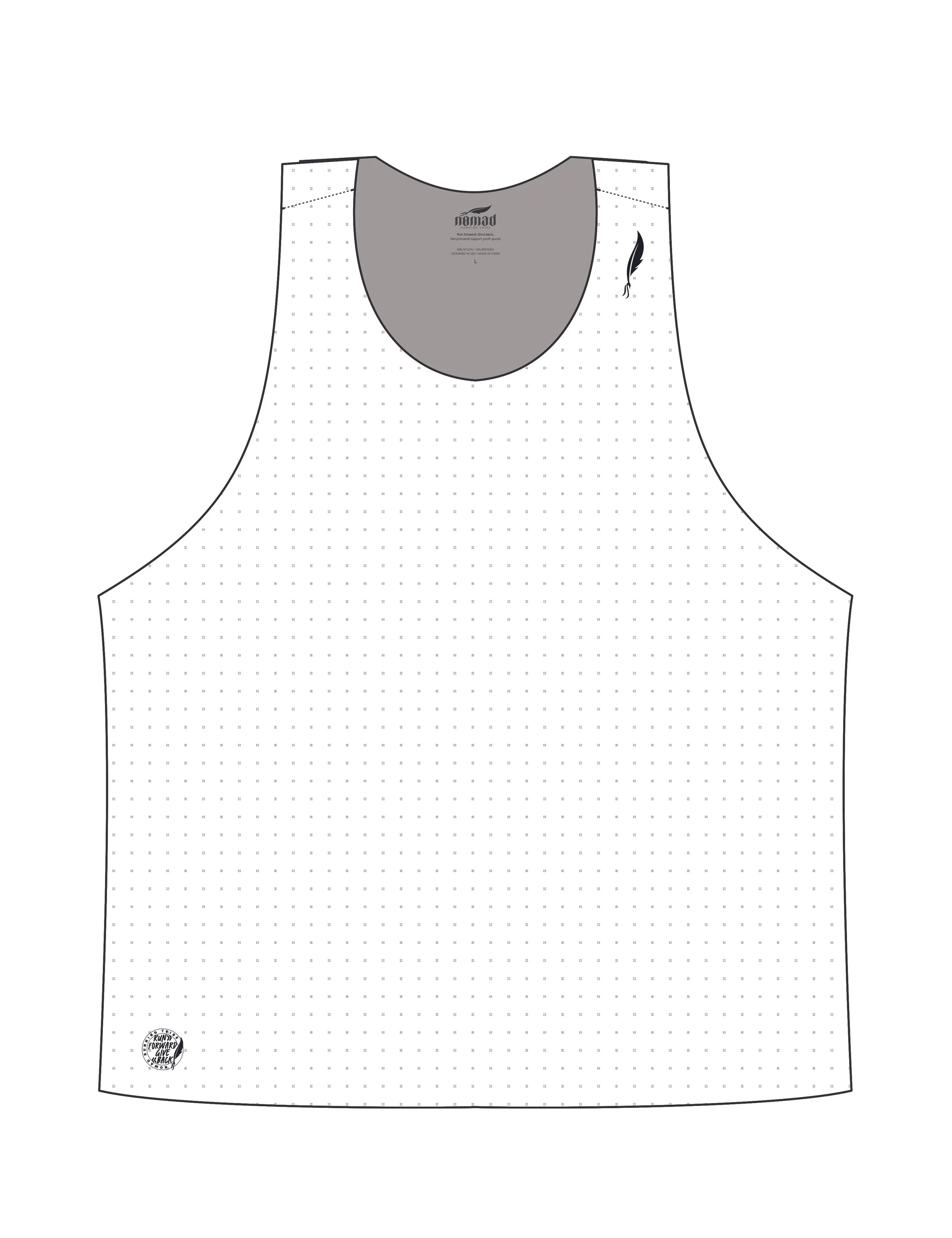 Men's Nomad Race Singlet technical drawing, featuring front of racerback silhouette, laser cut perforations, blank option.