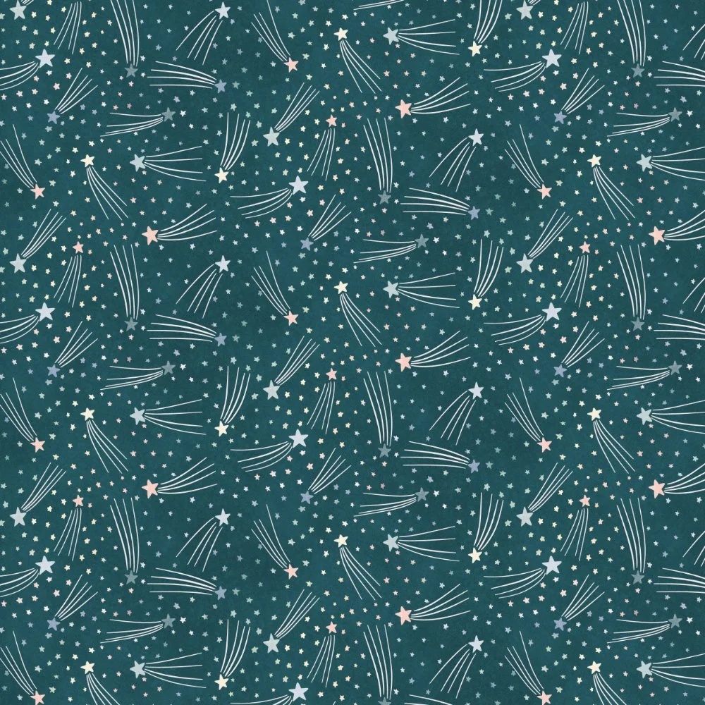 A pattern of shooting stars and star trails on a dark green background.