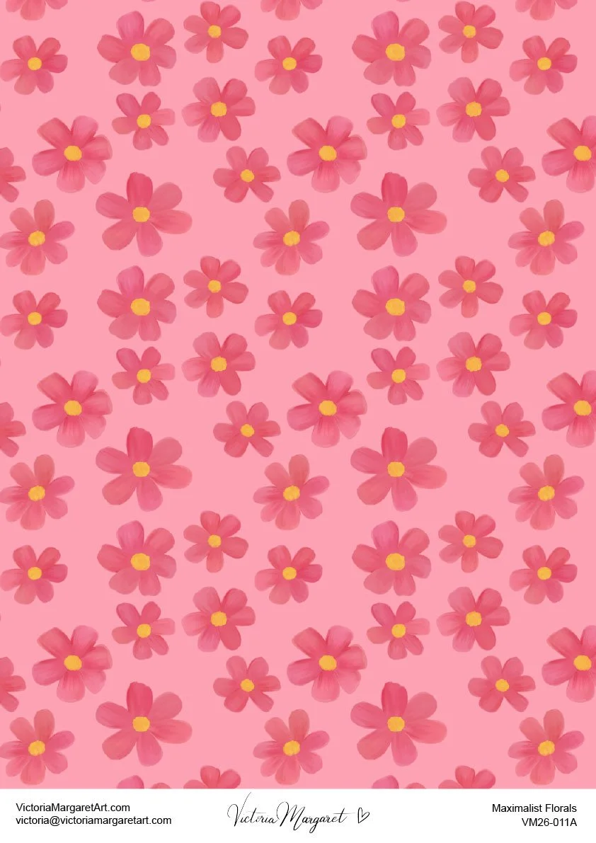 Pattern of pink flowers with yellow centers on a pink background.