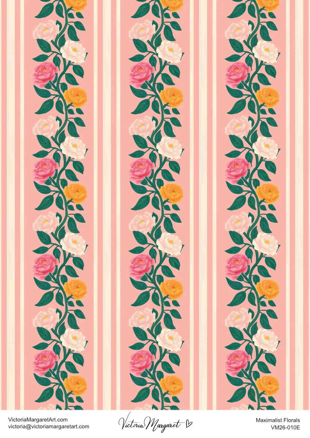 Pattern with vertical light pink stripes and flowering vines with pink, white, orange, and yellow flowers.