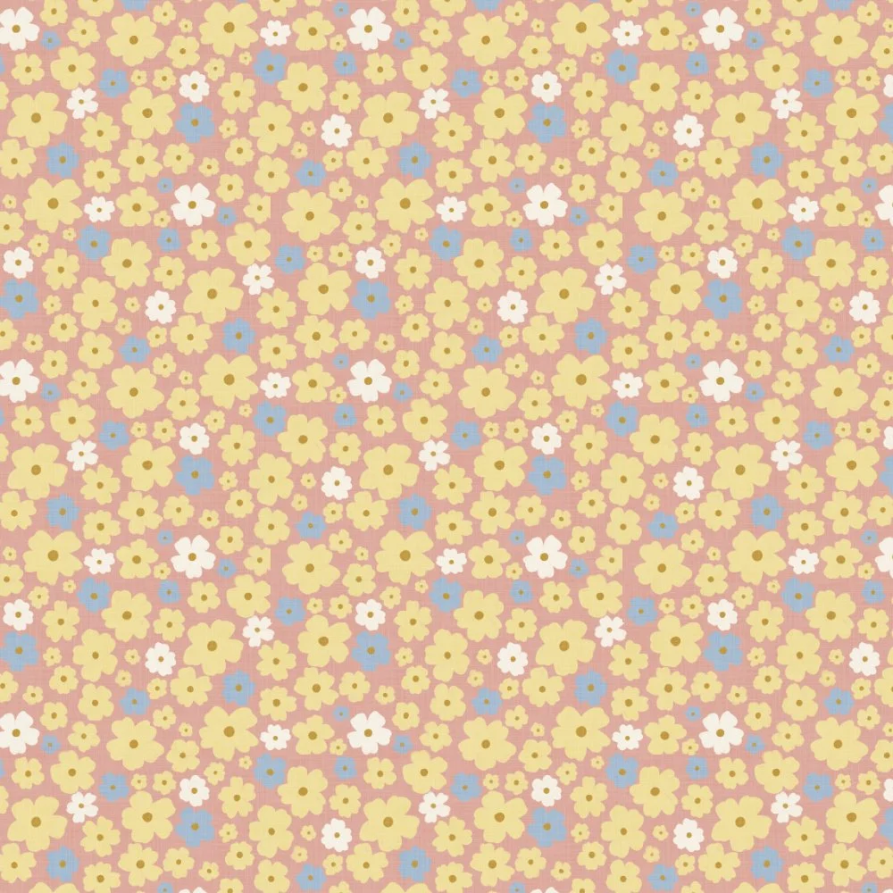 A floral pattern with small yellow, white, and blue flowers on a pink background.