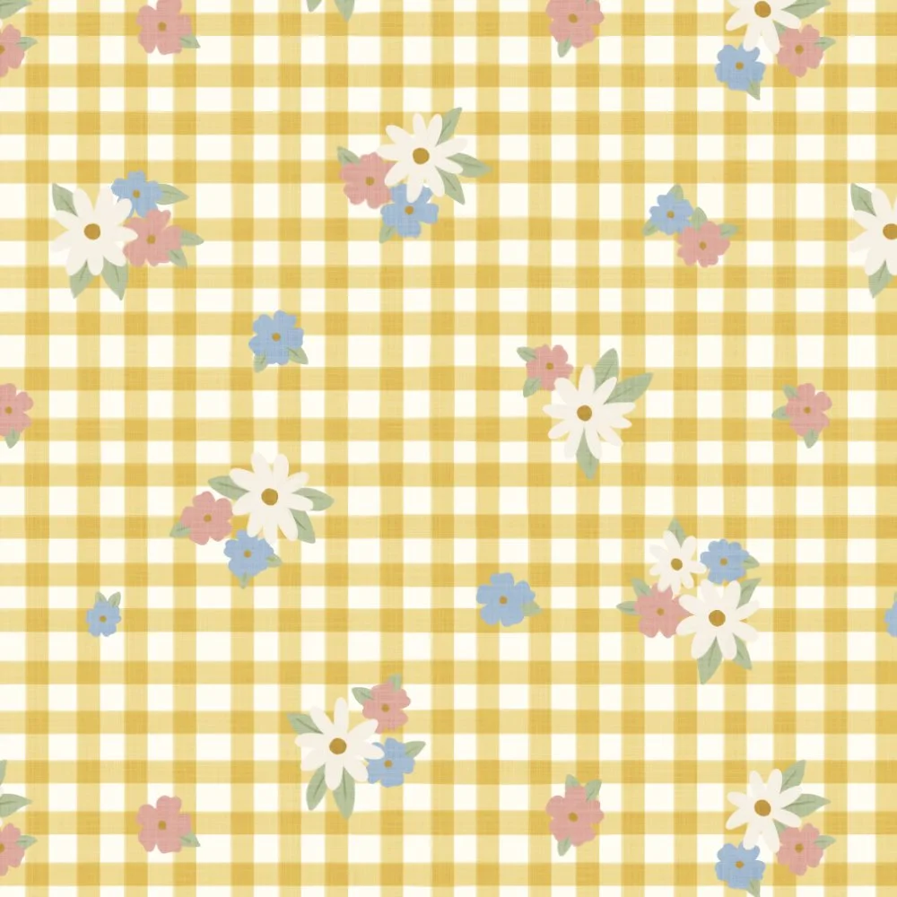 Yellow checkered tablecloth pattern with white, pink, and blue flowers scattered across it.
