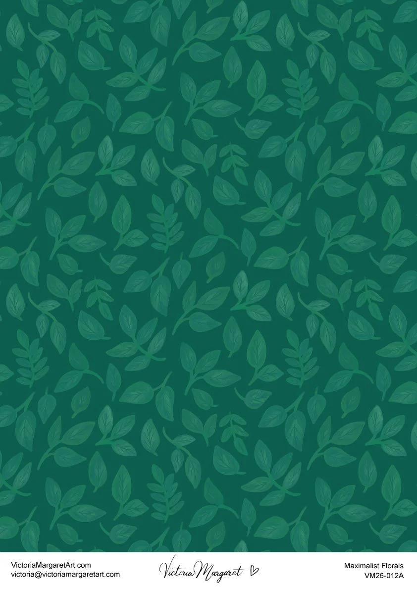 A pattern of green leaves on a dark green background.