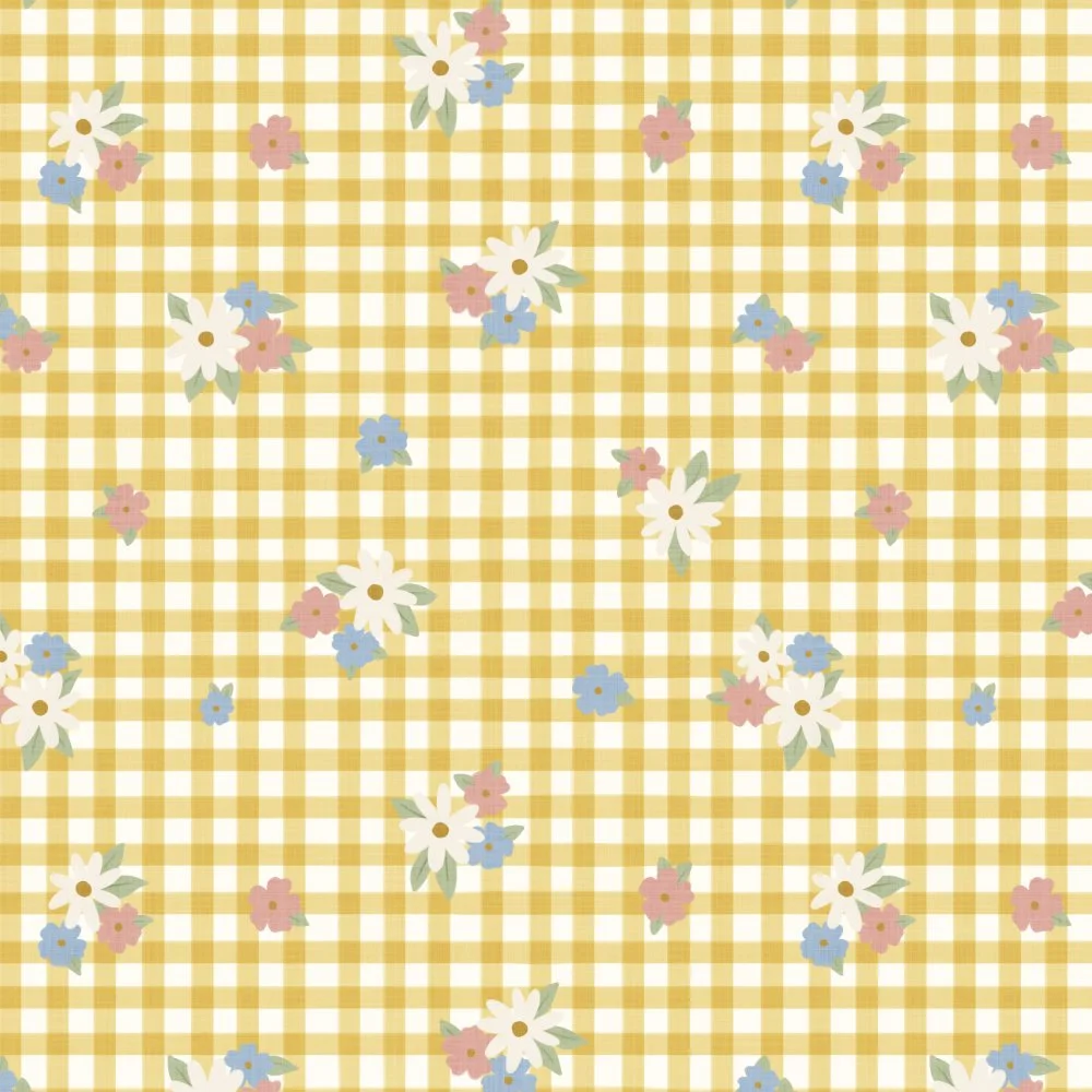 Yellow checkered tablecloth with small scattered floral patterns of white, pink, and blue flowers with green leaves.