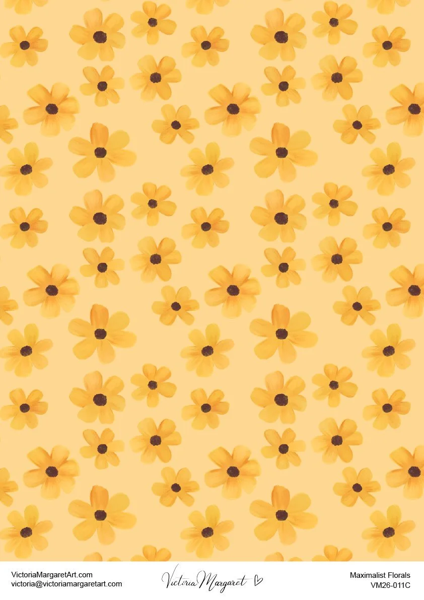 Pattern of yellow flowers with brown centers on a yellow background.