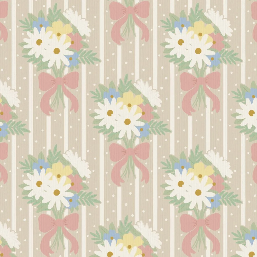 Pattern of white daisies with yellow centers, pink and yellow flowers, light blue flowers, greenery, and pink bows on vertical beige and white striped background with small white polka dots.