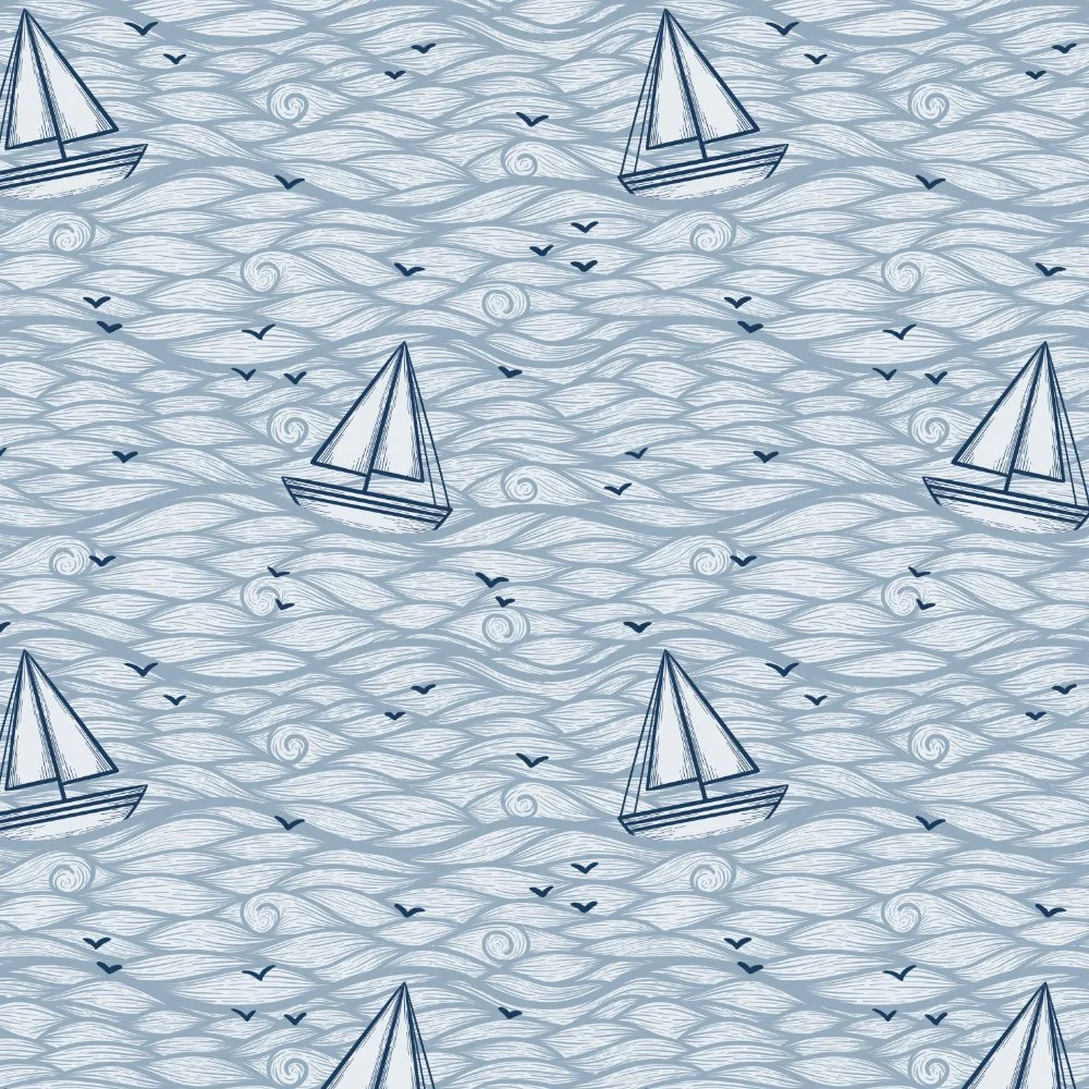 Pattern of sailboats on stylized ocean waves with birds flying overhead.