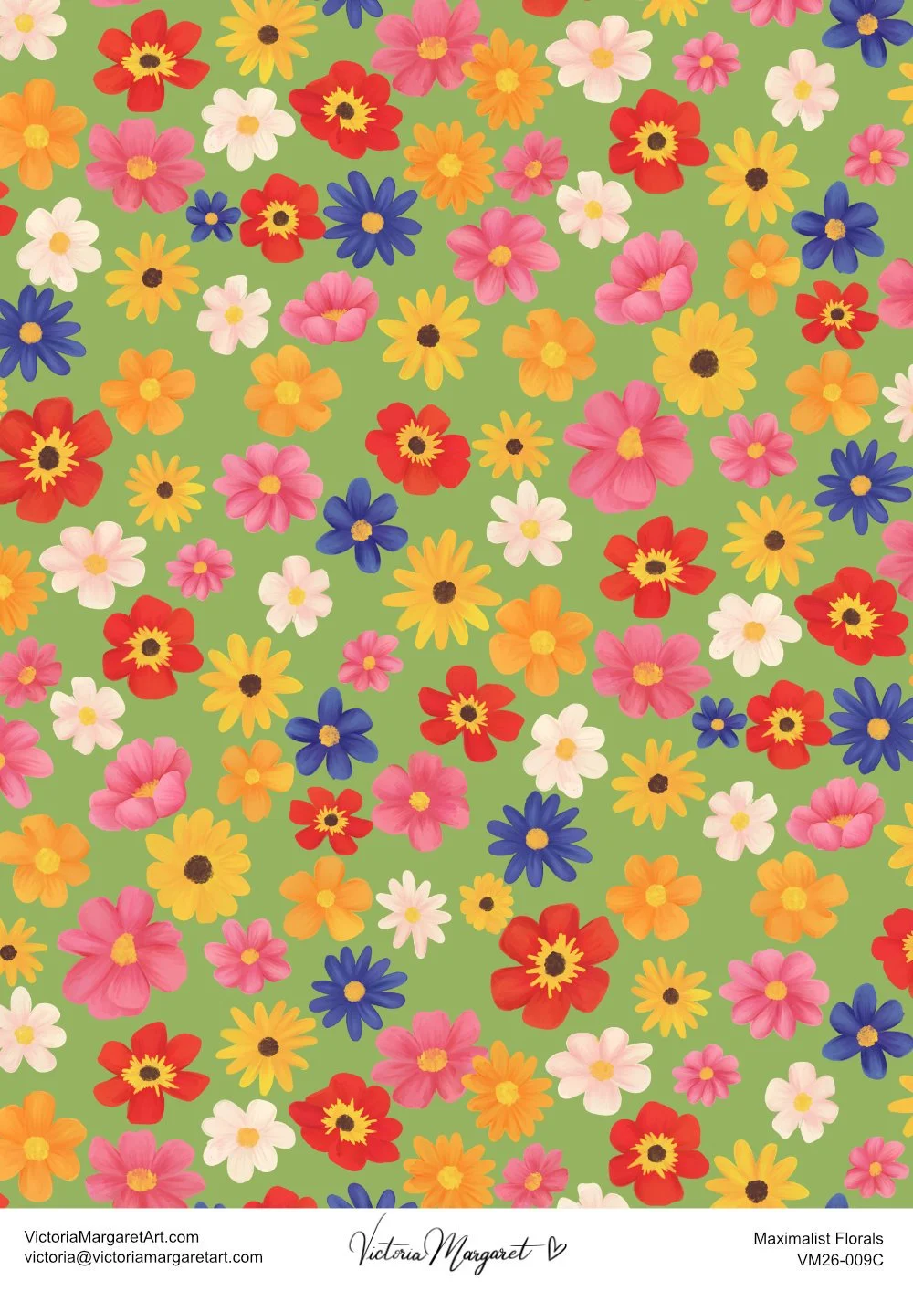 Pattern of various colorful flowers on a green background.