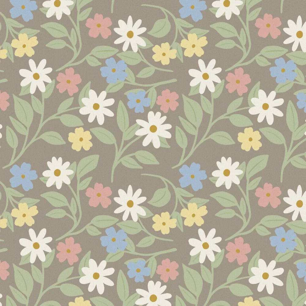 A seamless floral pattern with white, pink, yellow, and blue flowers with green leaves on a gray background.