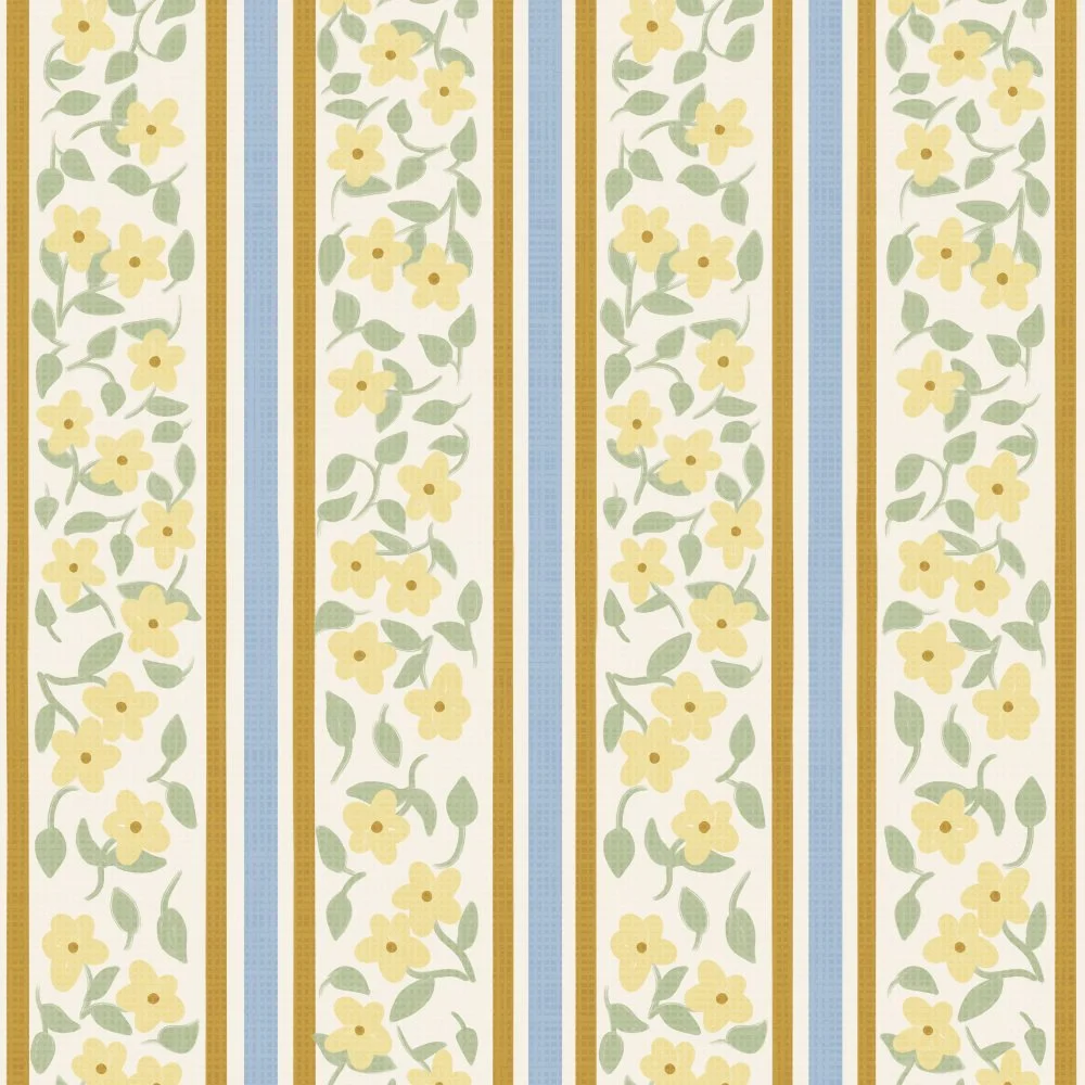 Pattern of vertical yellow and light blue stripes with yellow flowers and green leaves on a white background.