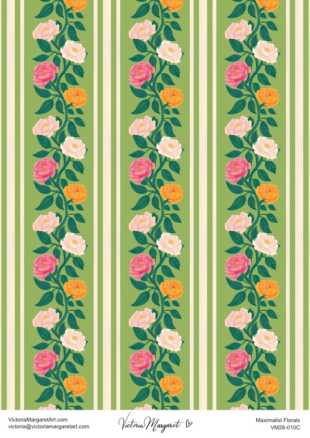 Pattern with vertical green stripes and flowering vines with pink, white, orange, and yellow flowers.