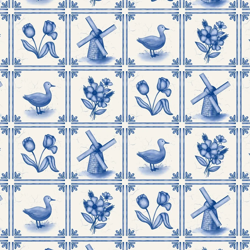 Pattern of blue tulips, windmills, ducks, and flowers on a tiled background.