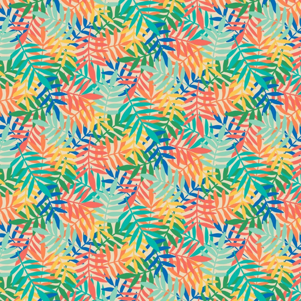 Colorful pattern of overlapping tropical leaves in shades of green, yellow, orange, blue, and red.