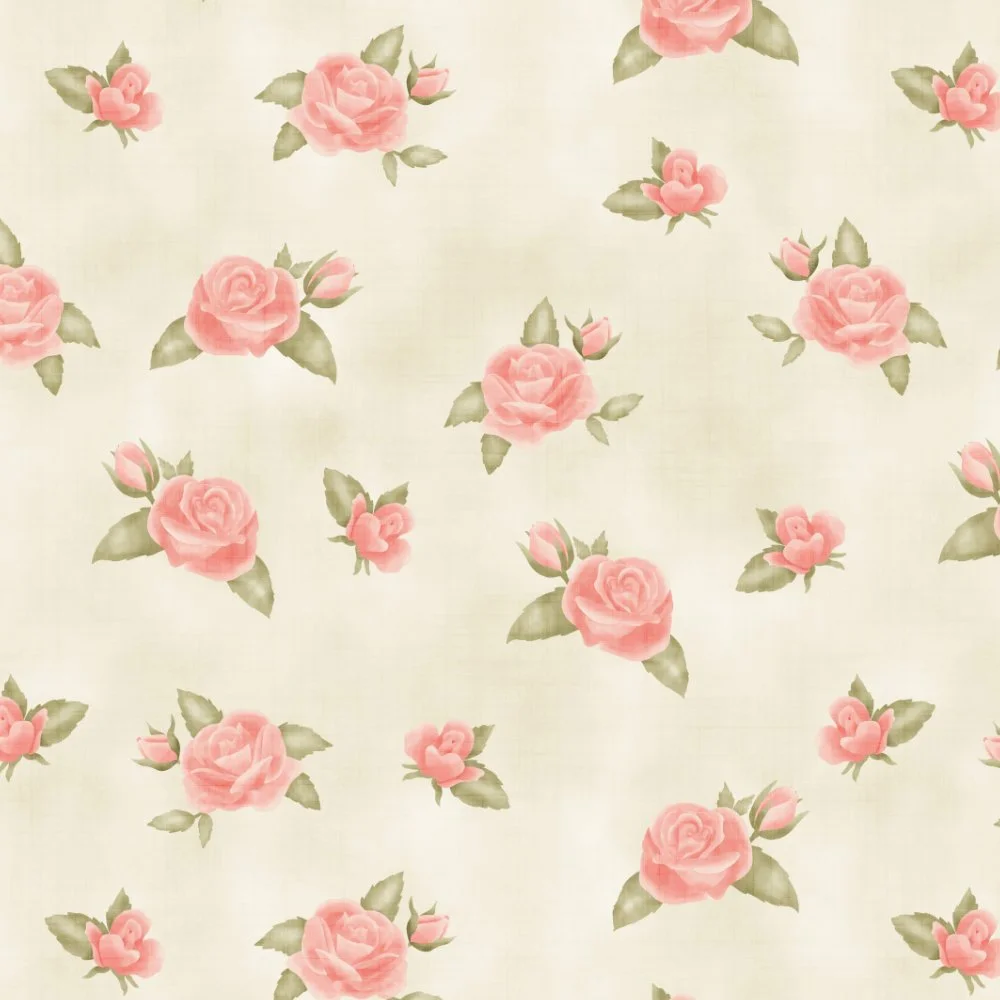 Pattern of pink roses and green leaves on a light background.