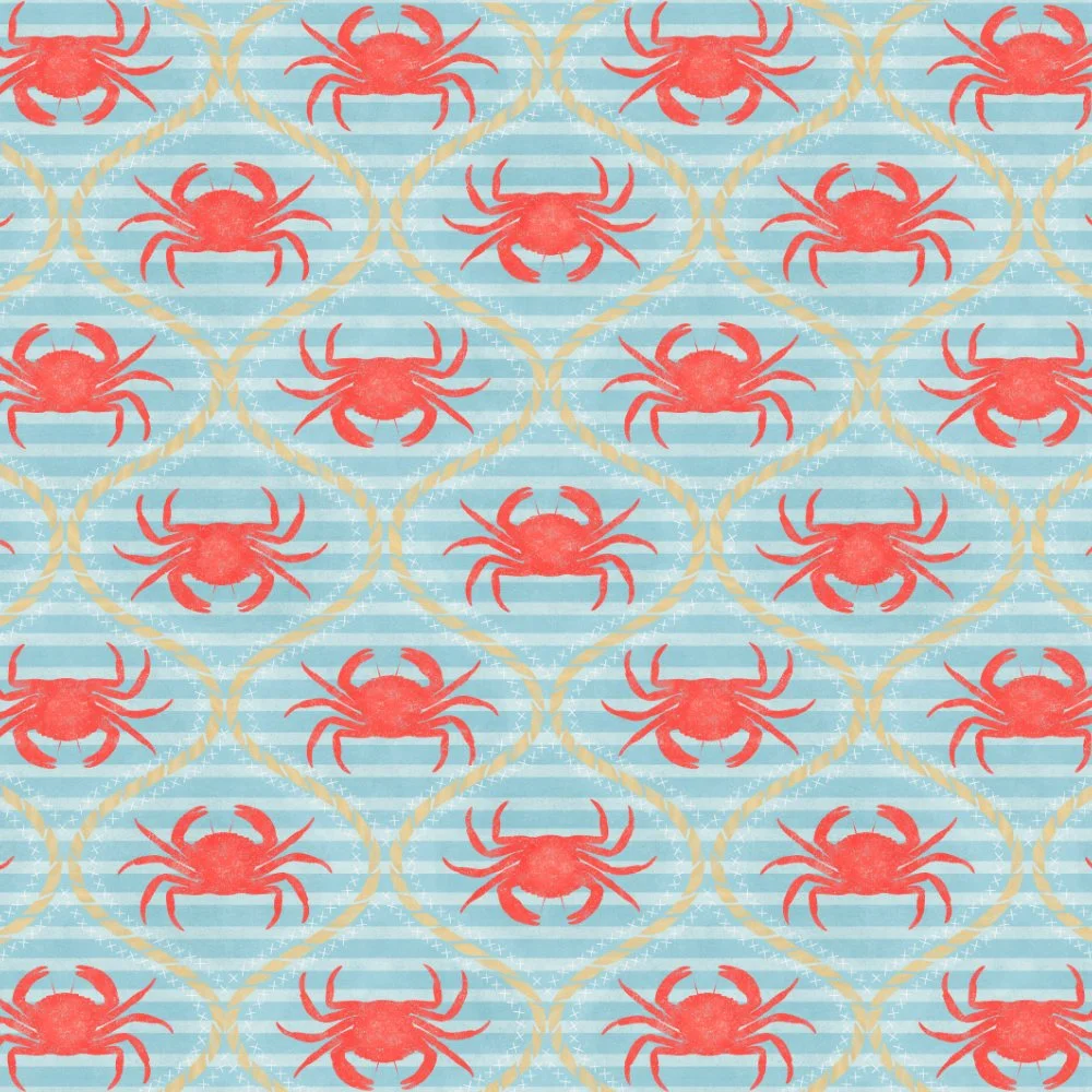 Pattern of red crabs within beige diamond shapes on a light blue background with horizontal white stripes.
