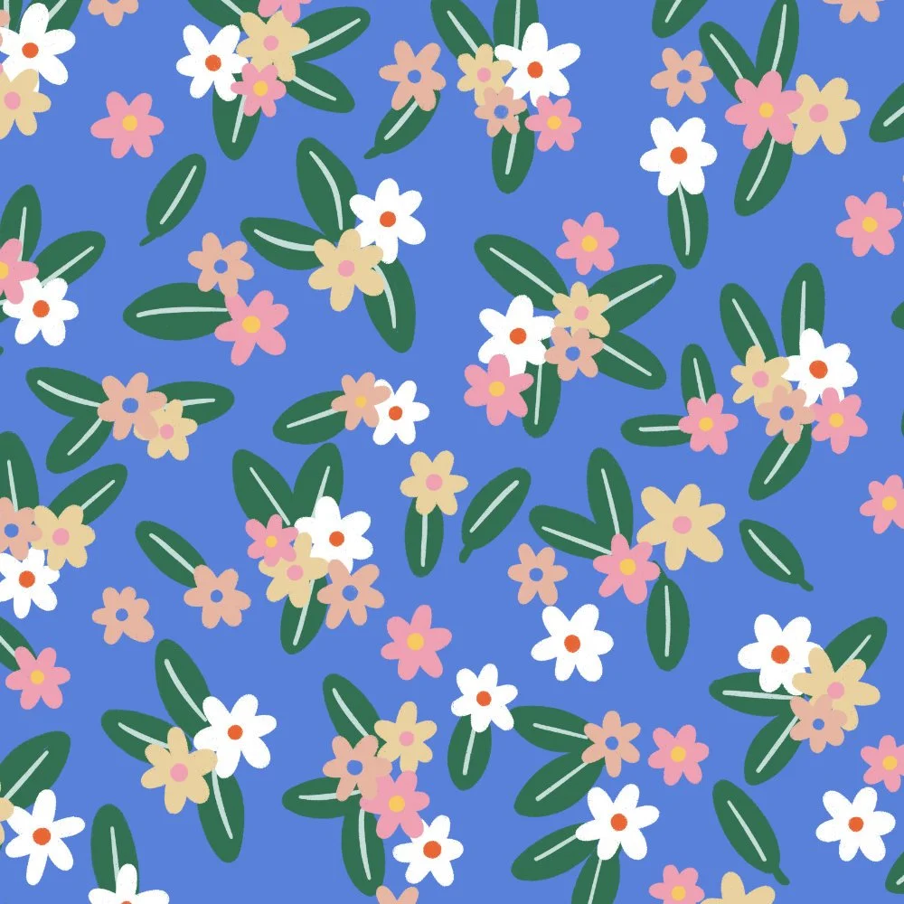 Pattern of pink, yellow, white, and purple flowers with green leaves on a blue background.