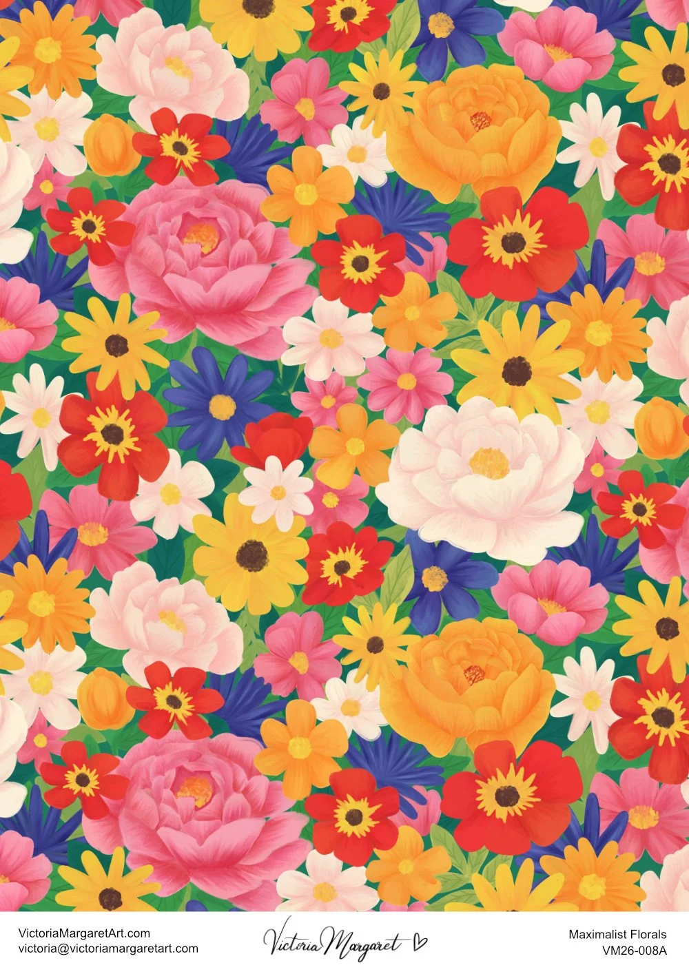 A colorful pattern of various blooming flowers including peonies, daisies, and more in shades of pink, yellow, orange, red, and purple with green leaves.