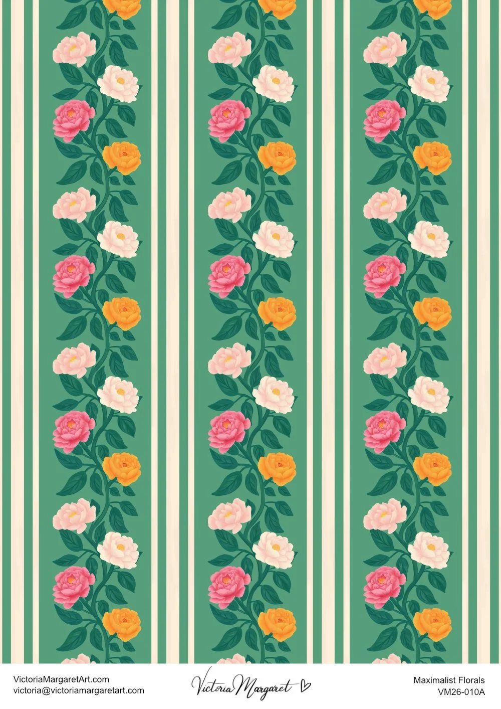 Pattern with vertical green stripes and flowering vines with pink, white, orange, and yellow flowers.