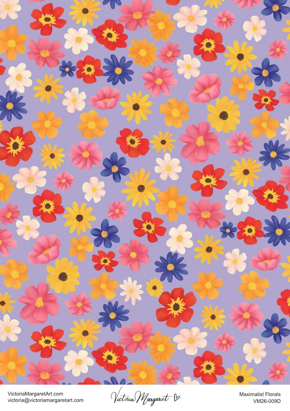 Pattern of various colorful flowers on a lavender background.