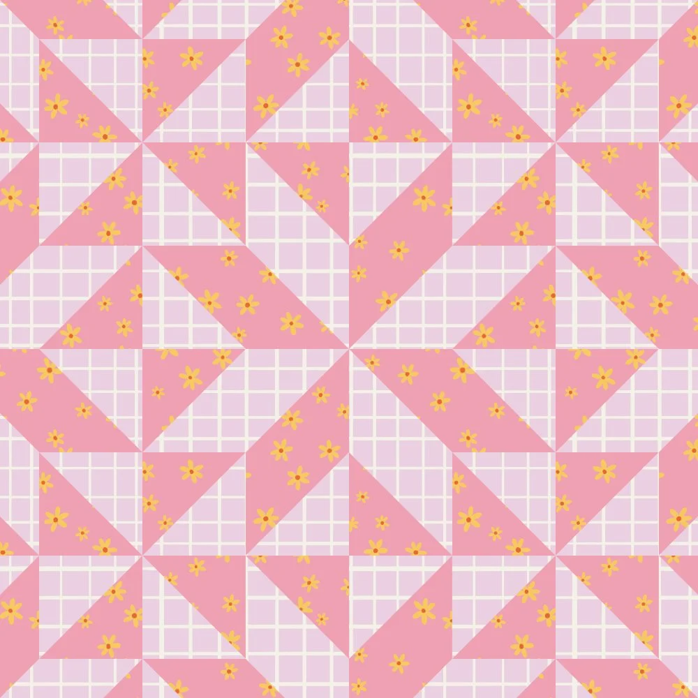 A pink and white quilt pattern with yellow flowers and geometric shapes.