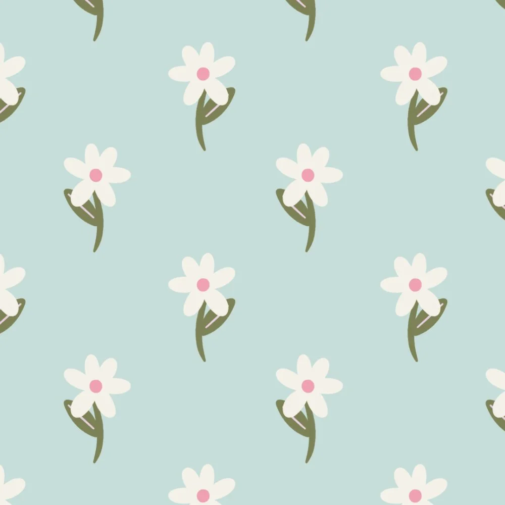 Pattern of white flowers with pink centers and green leaves on a light blue background.