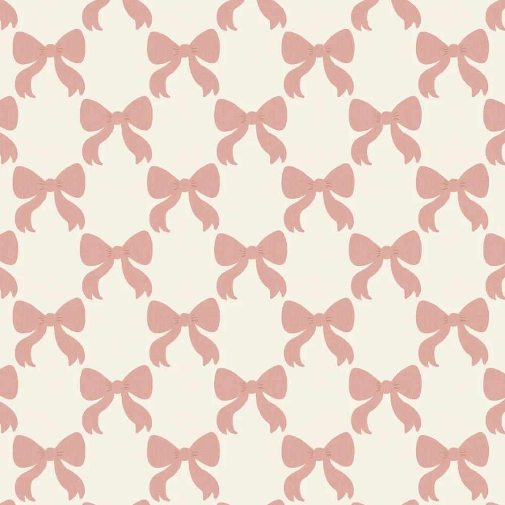 Pattern of pink bows repeated on a light background.