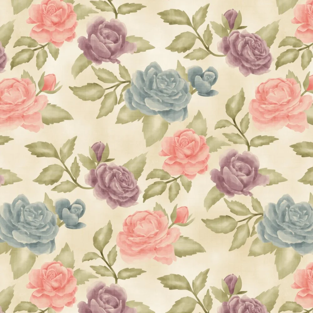 A floral pattern with pink, purple, and blue roses and green leaves on a light background.