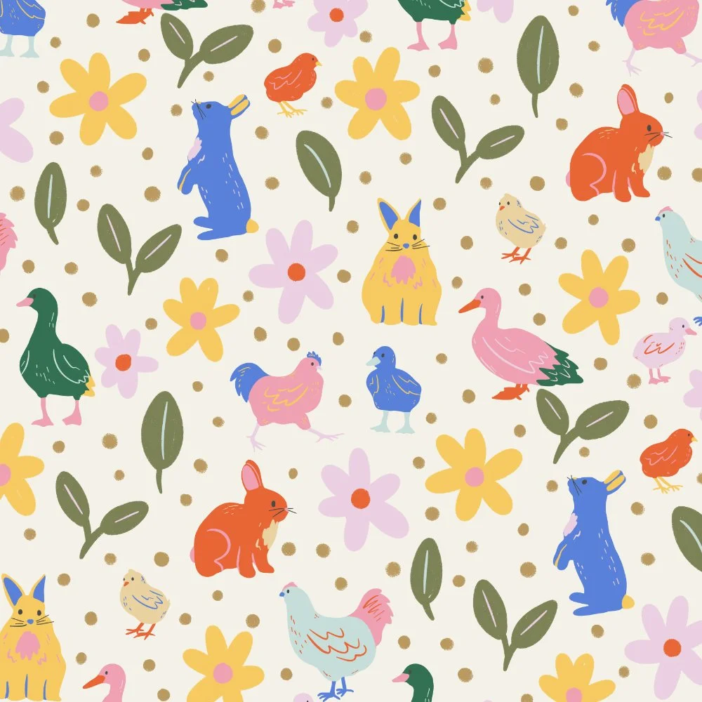 Cute colorful illustration featuring various animals such as rabbits, chickens, ducks, and pigeons among yellow and pink flowers and green leaves on a light background.