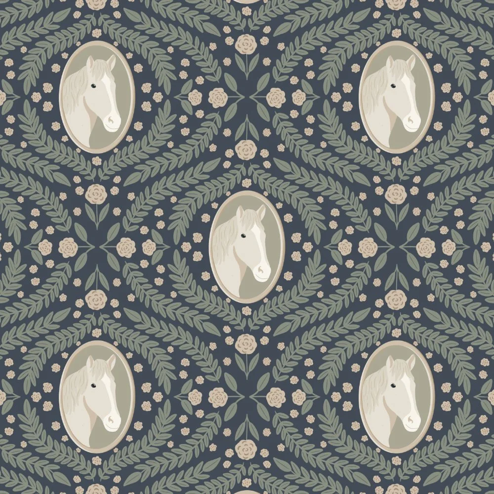 Pattern with horse head portraits inside oval frames, surrounded by leaves and small flowers on a dark background.