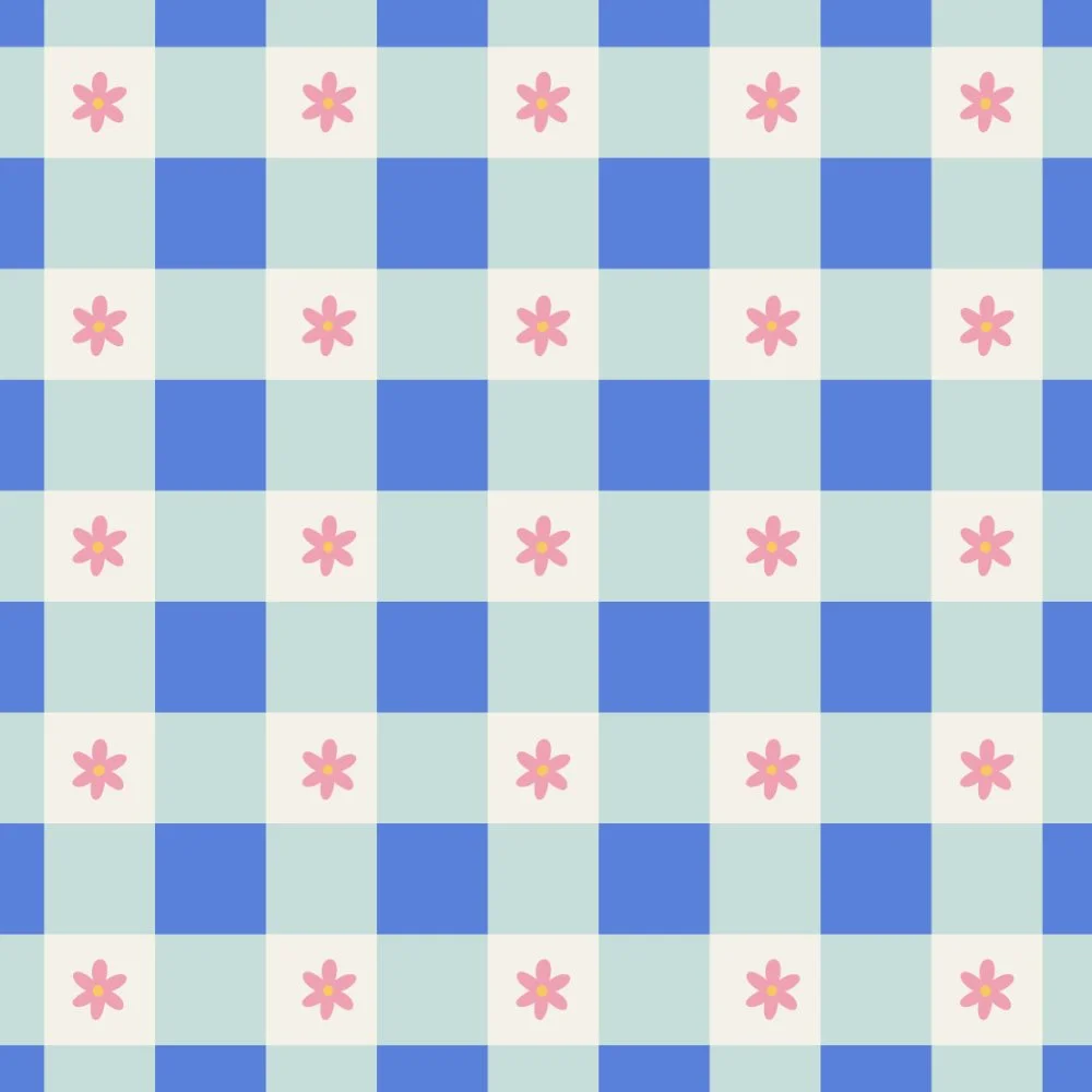 A checkered pattern with blue and light green squares, decorated with pink flowers with yellow centers.
