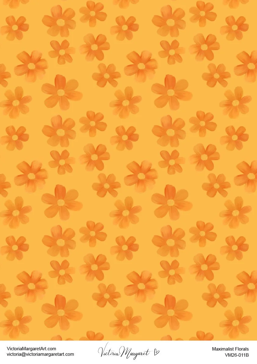 Pattern of orange flowers with yellow centers on an orange background.