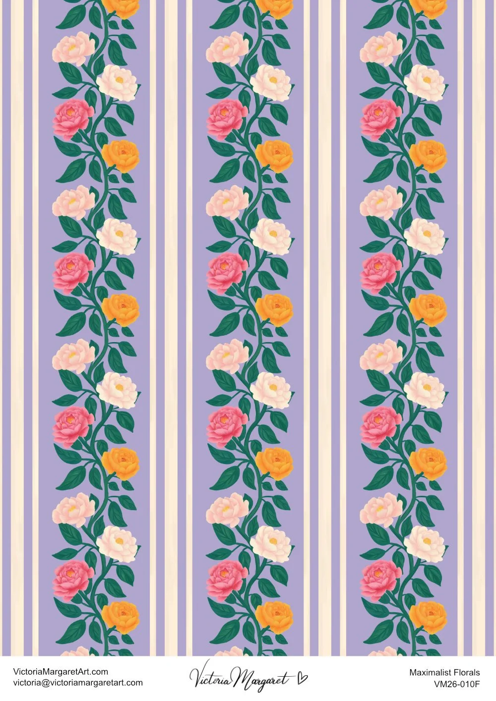 Pattern with vertical lavender stripes and flowering vines with pink, white, orange, and yellow flowers.