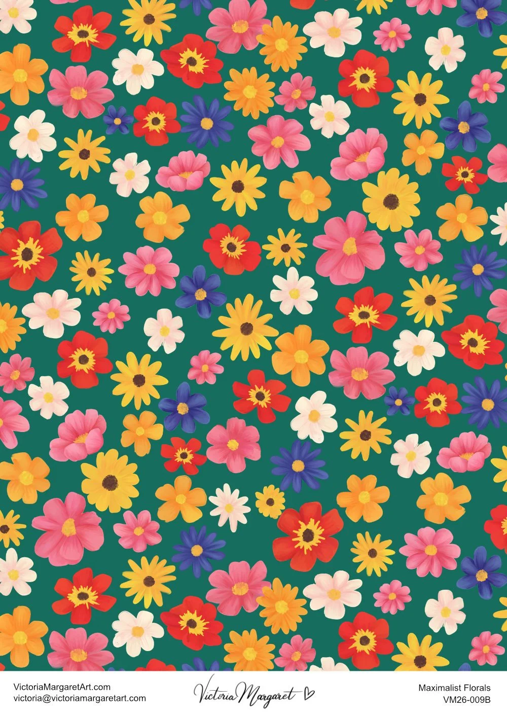 Pattern of various colorful flowers on a dark green background.