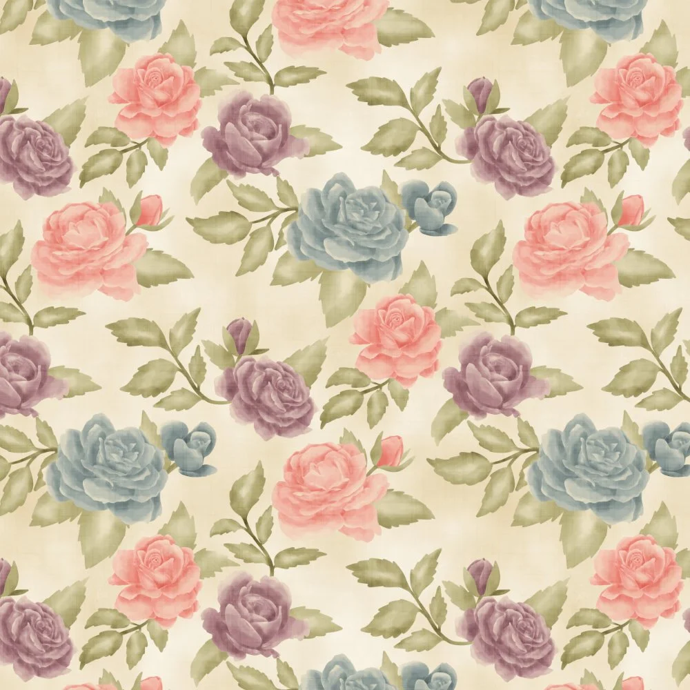 Pattern of pastel-colored roses in pink, purple, and blue with green leaves on a light cream background.