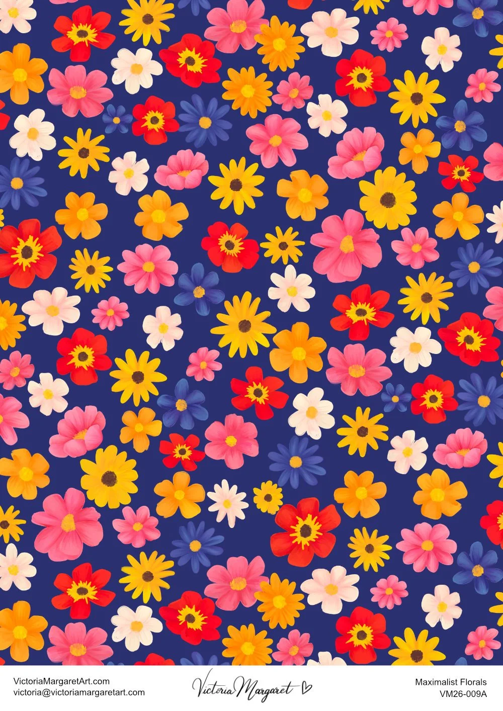 Pattern of various colorful flowers on a dark blue background.