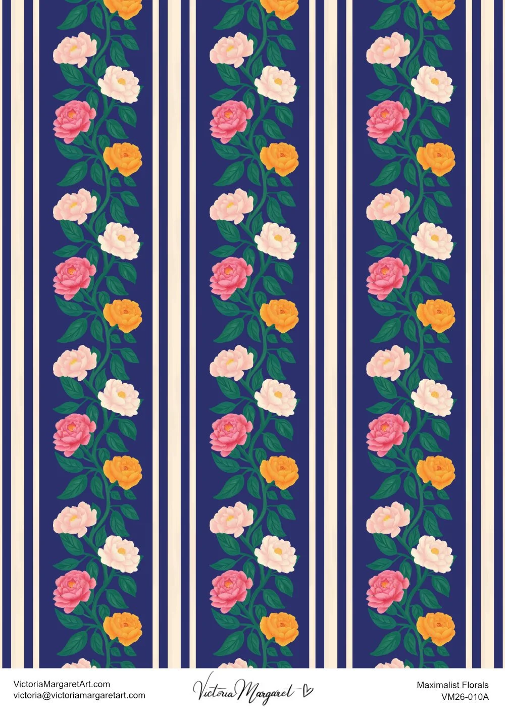 Pattern with vertical dark blue stripes and flowering vines with pink, white, orange, and yellow flowers.
